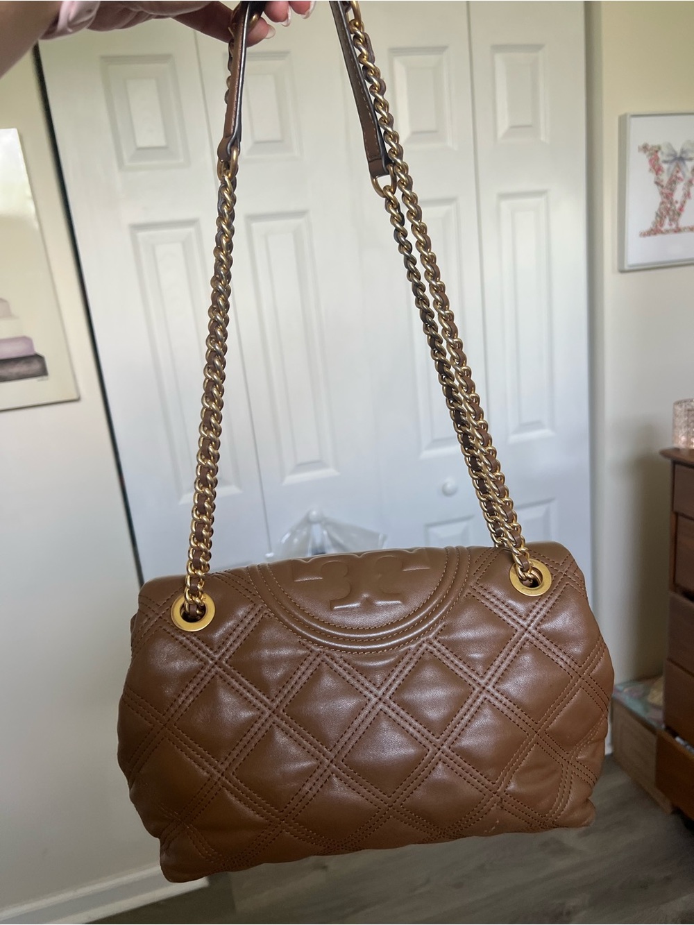 Tory Burch Quilted Chestnut Leather Shoulder Bag with Gold Chain
